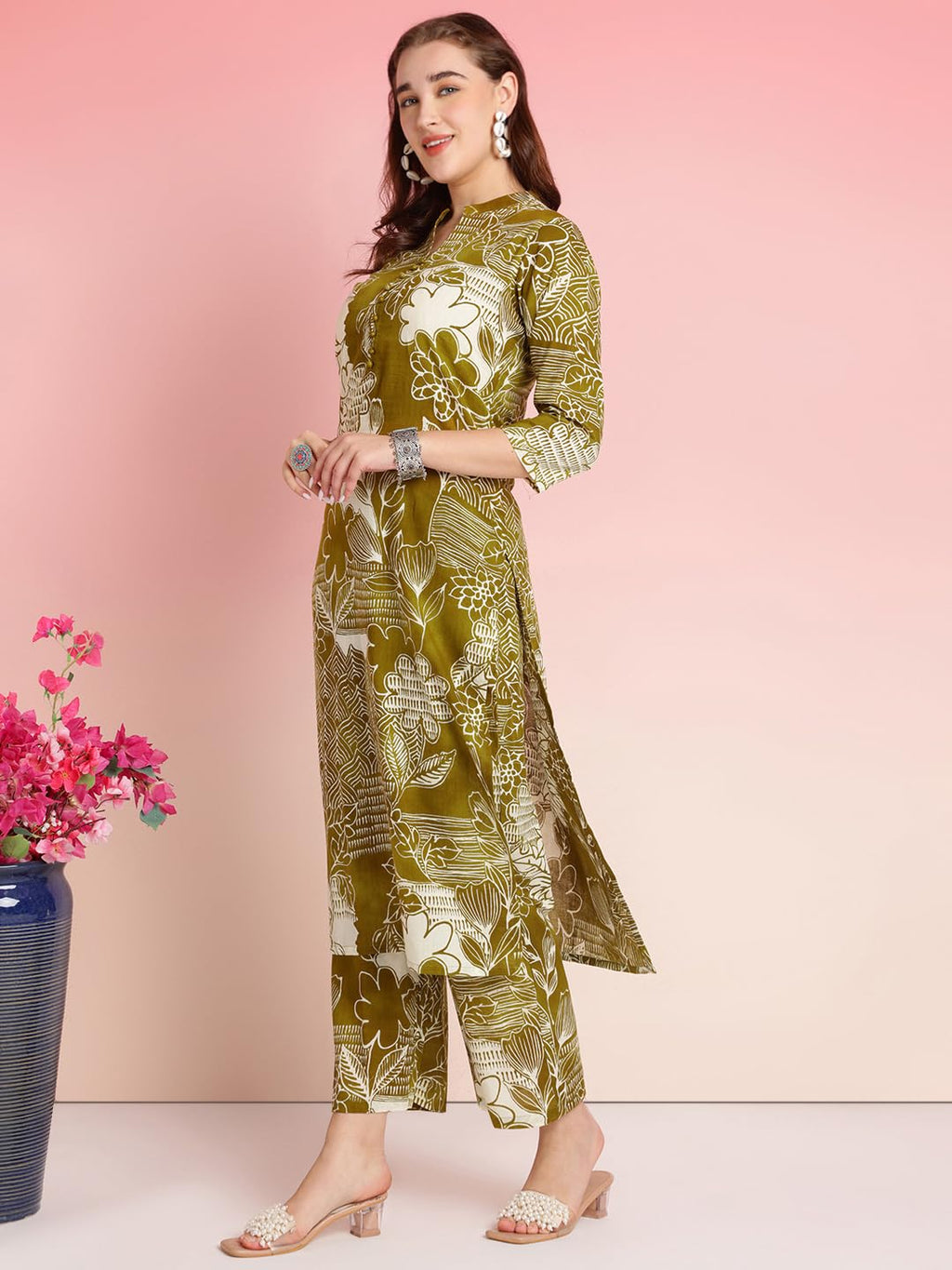 ANNI DESIGNER Womens Rayon Blend Straight Printed Kurta with Pant (Tomsk Mehandi_L_Mehandi_Large)