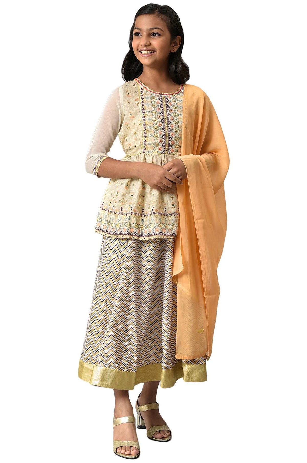 Aurelia Girls Polyester Kurta-Skirt-Dupatta (22AUG10154A-504361_Beige
