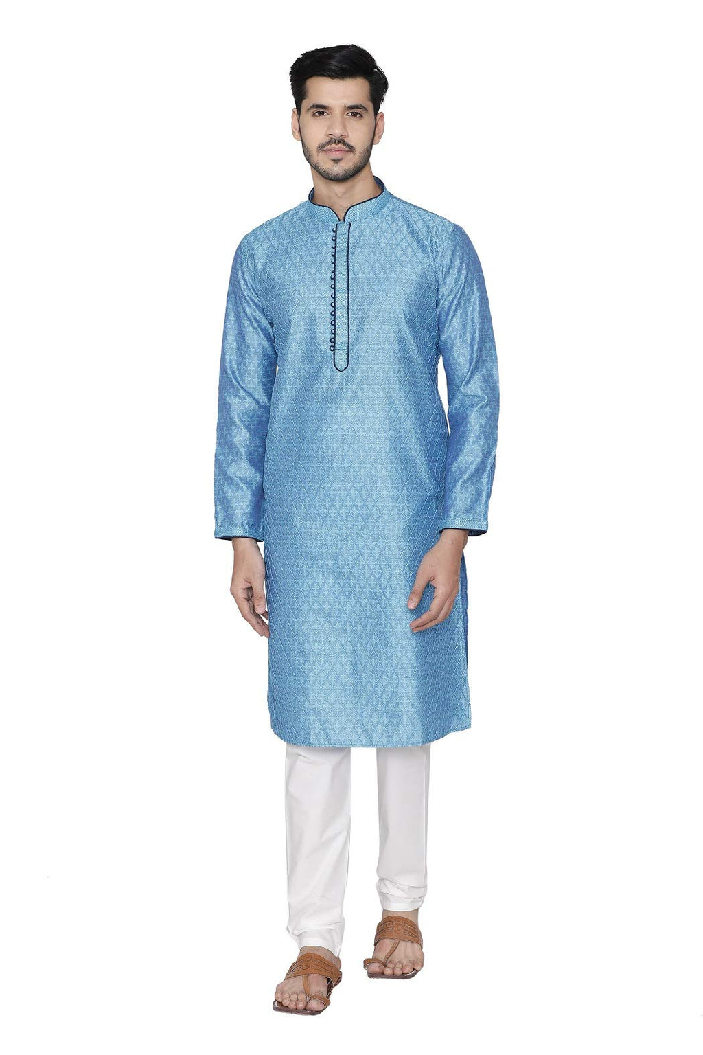 Manyavar Jacquard Design Knee Long Full Sleeves Kurta And Churidar Set For Men - (Aqua Blue, Large)