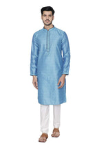 Manyavar Jacquard Design Knee Long Full Sleeves Kurta And Churidar Set For Men - (Aqua Blue, Large)