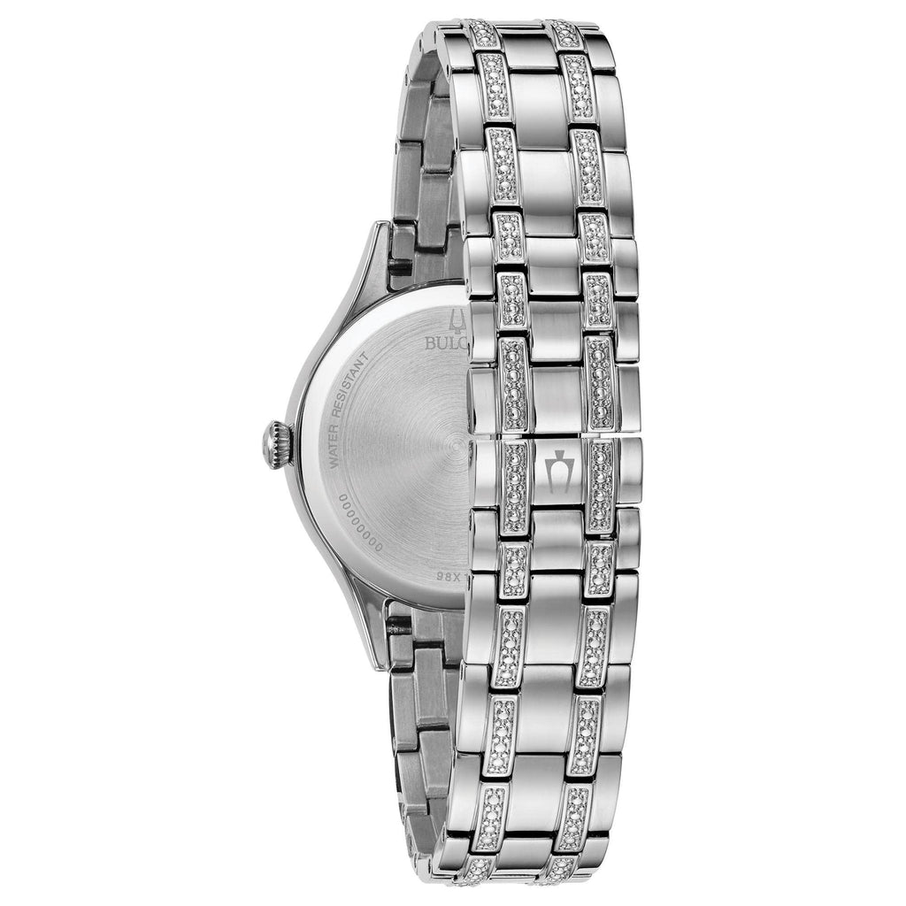 Bulova Ladies' Crystal Stainless Steel Box Set with White Mother-of-Pearl 3-Hand Quartz Watch and Gold Tone Crystal Bangles Styl