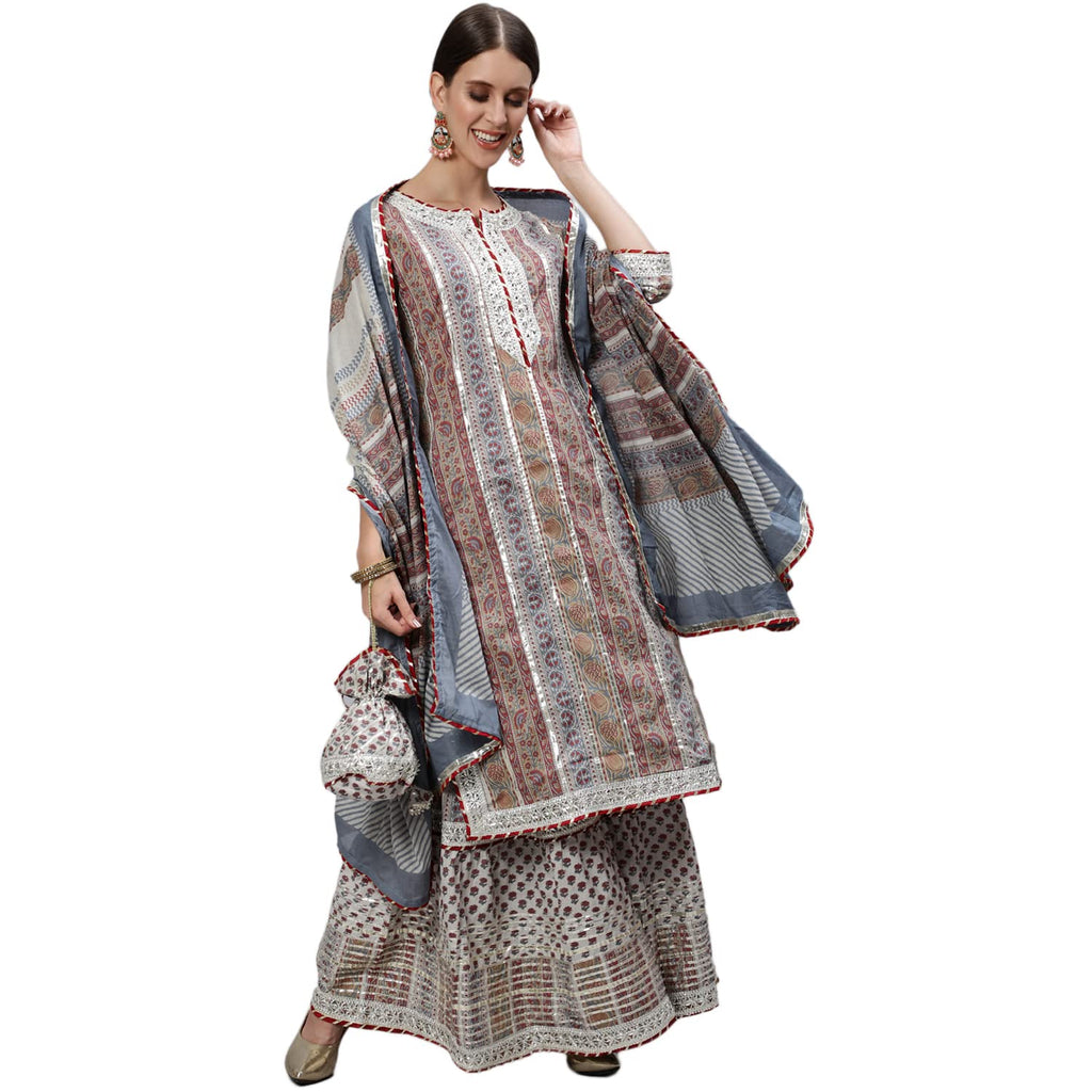 Ishin Women'S Multi & Grey Gotta Patti Embroidered A-Line Kurta Set With Sharara And Dupatta