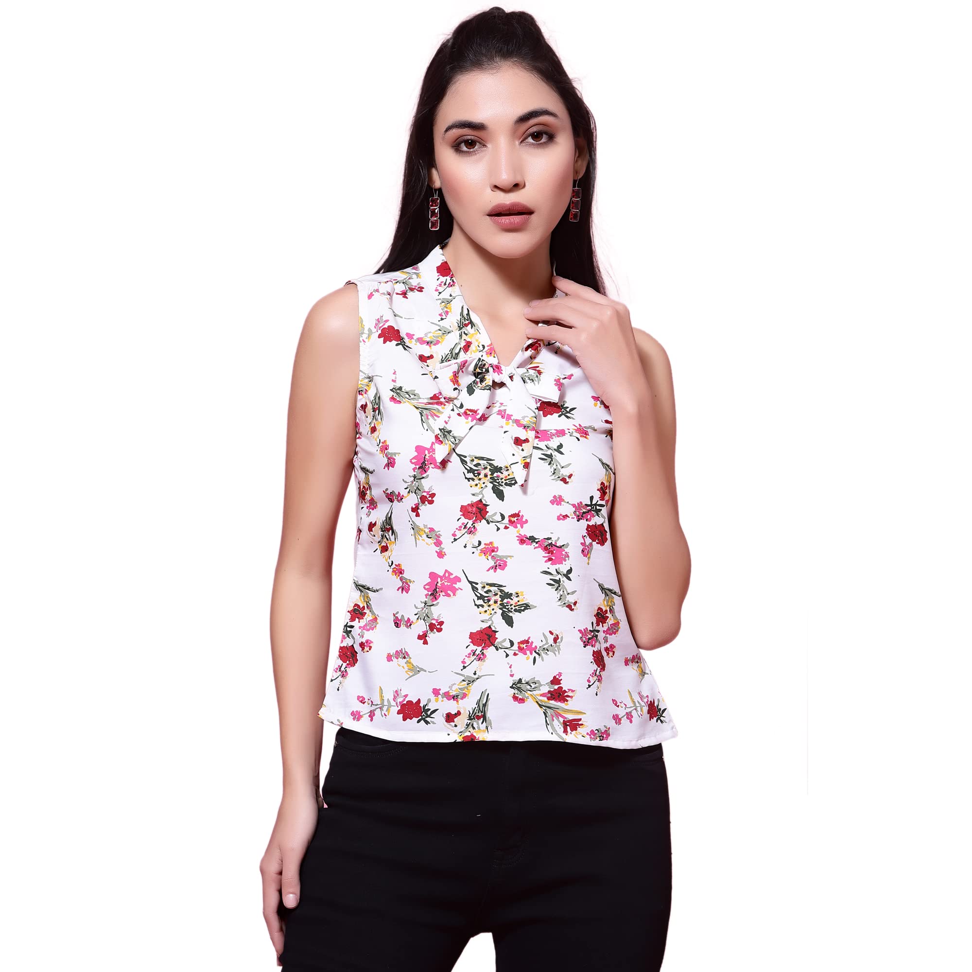 OOMPH! Womens Crepe Printed top with Tie Neck and Sleeveless