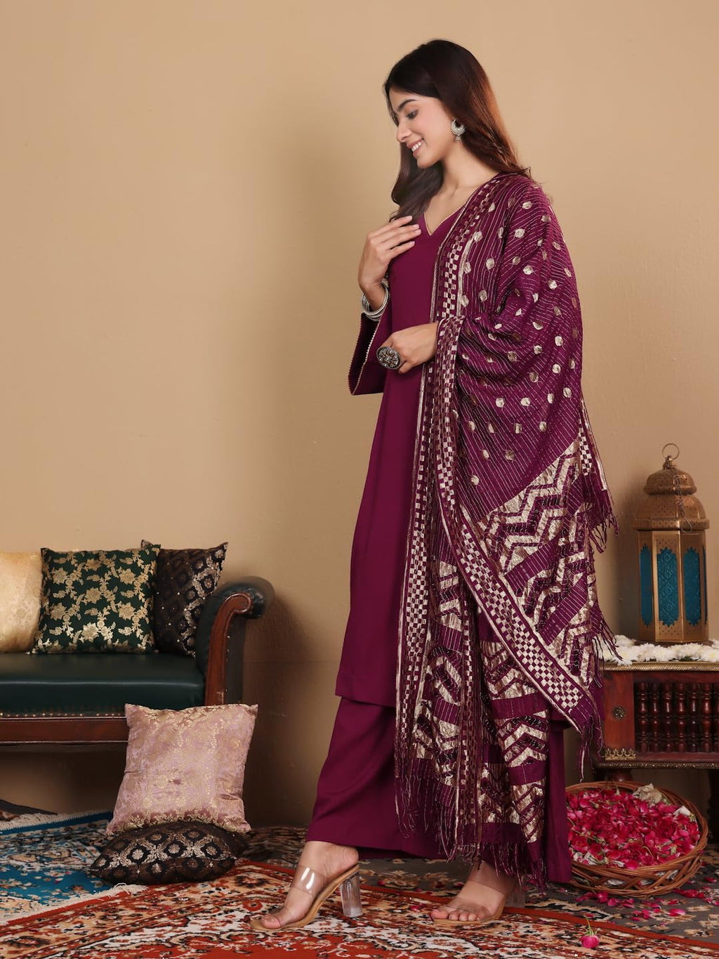 Varanga Women Purple Crepe Gota Lace Embellished Anarakli Kurta Set With Dupatta