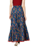Varanga Blue Floral Printed Tiered Skirt with Drawstring and Tassels at Waist Band with pom-pom lace at Hemline