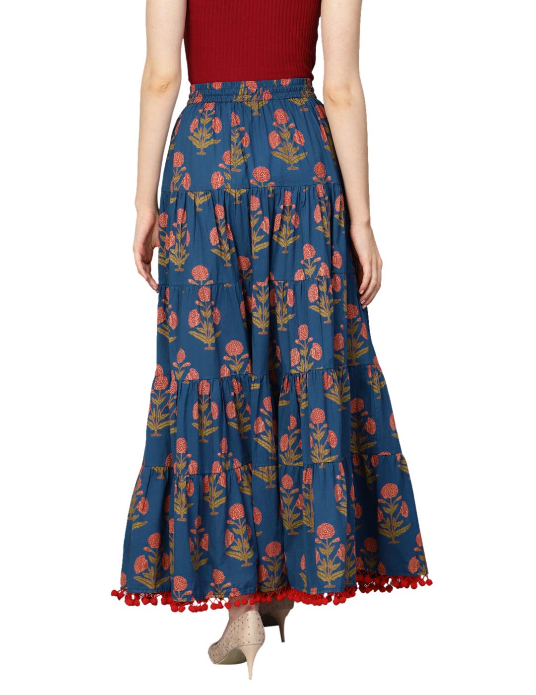 Varanga Blue Floral Printed Tiered Skirt with Drawstring and Tassels at Waist Band with pom-pom lace at Hemline