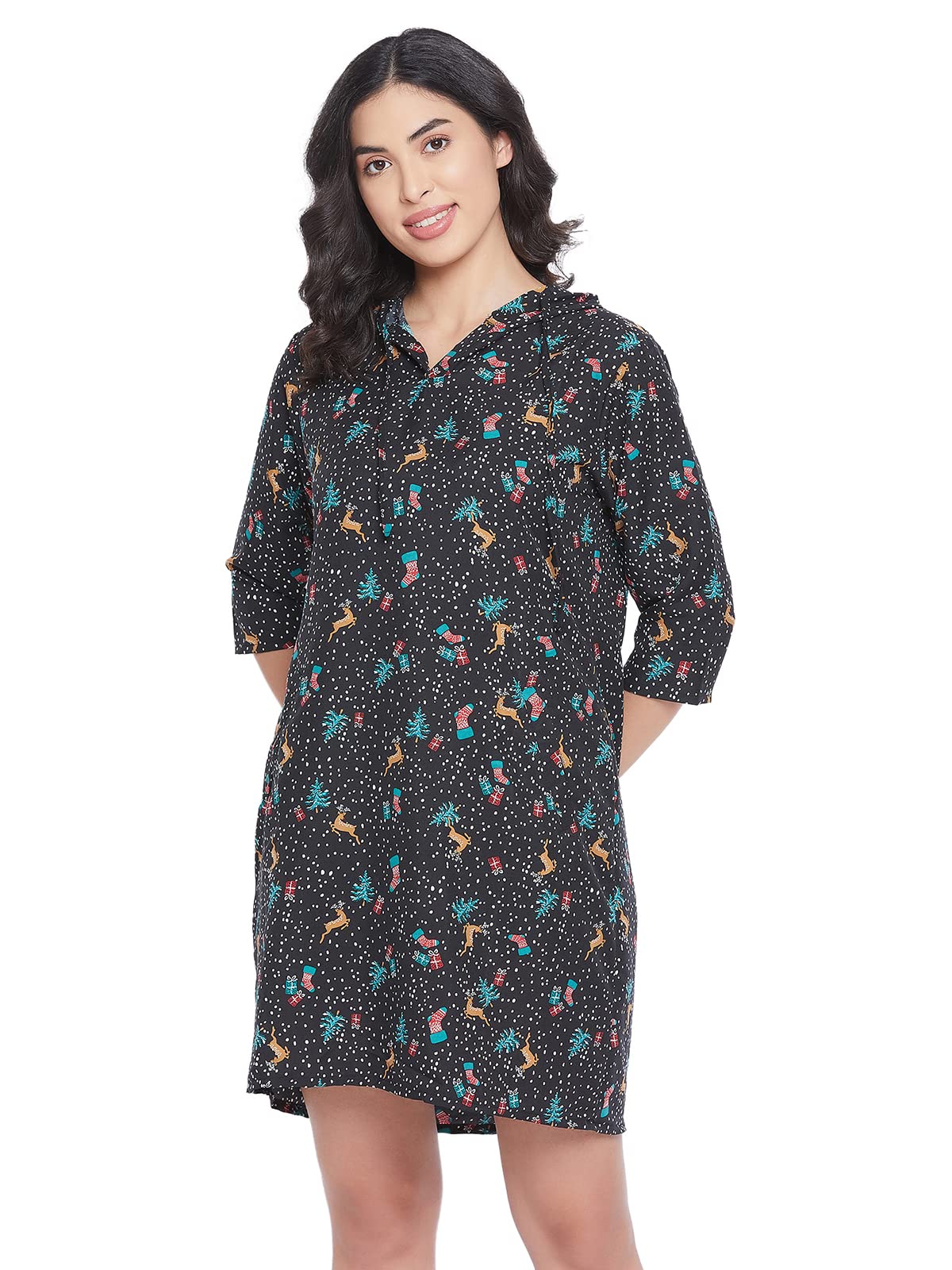 Clovia Women'S Rayon Christmas Print Short Hooded Dress (Ns1442P19_Multicolor)
