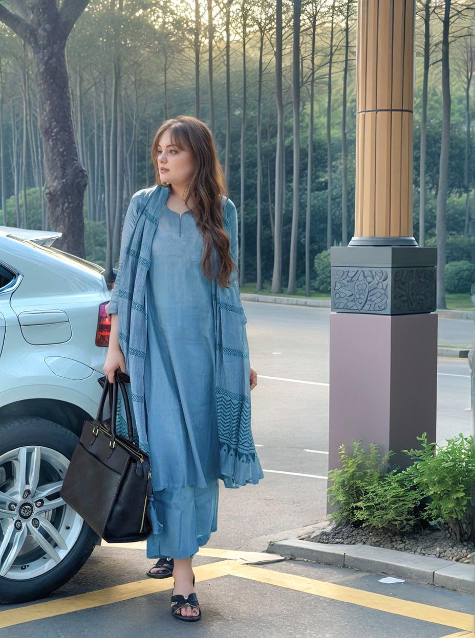 ANNI DESIGNER Womens Rayon Blend Solid Straight Kurta with Pant & Dupatta (Raja Saab Light Blue-VKS12_S_Light Blue_Small)