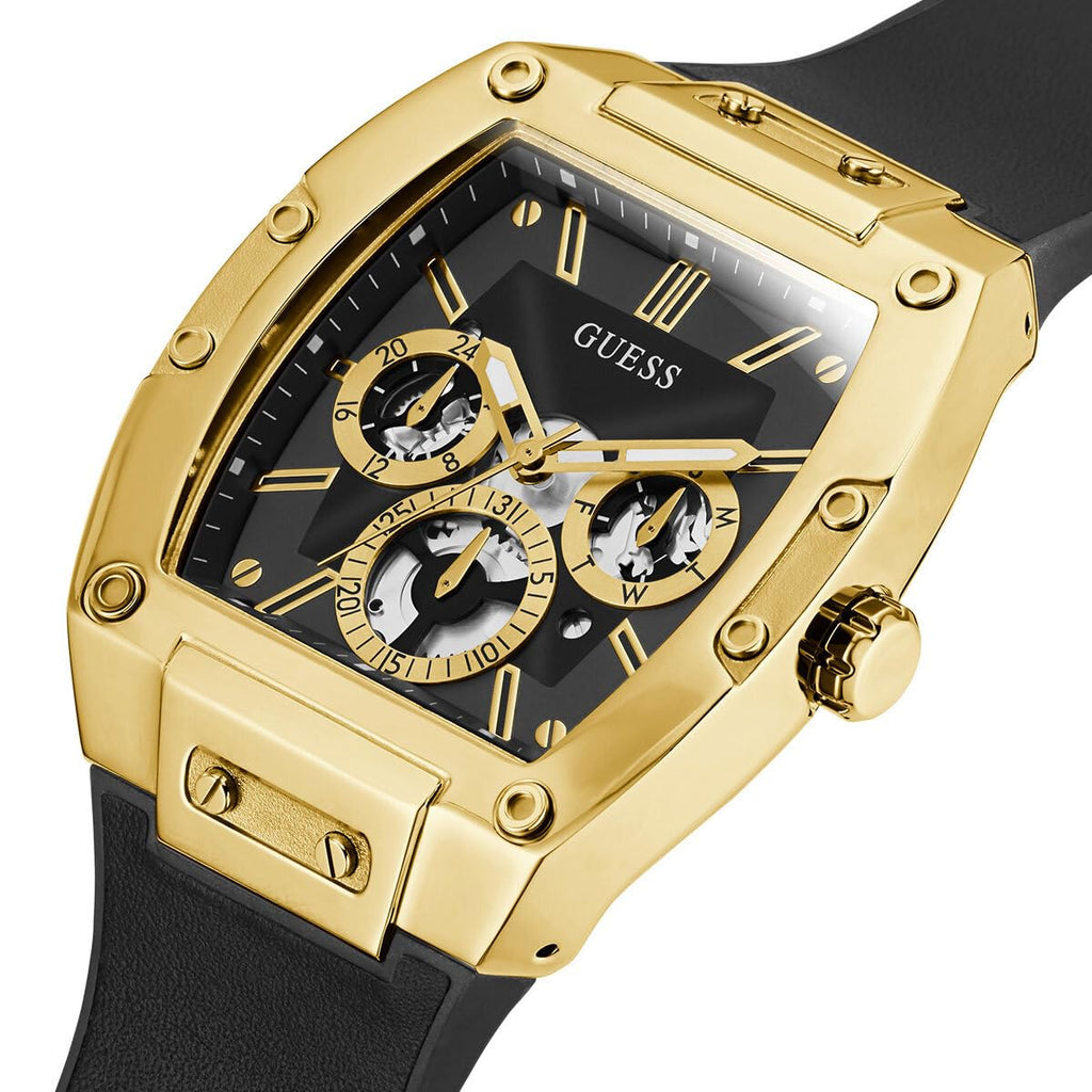 GUESS Men's Trend Multifunction 43mm Watch - Black & Gold-Tone Dial with Gold-Tone Polycarbonate Case & Flex Leather/Silicone St