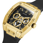 GUESS Men's Trend Multifunction 43mm Watch - Black & Gold-Tone Dial with Gold-Tone Polycarbonate Case & Flex Leather/Silicone St