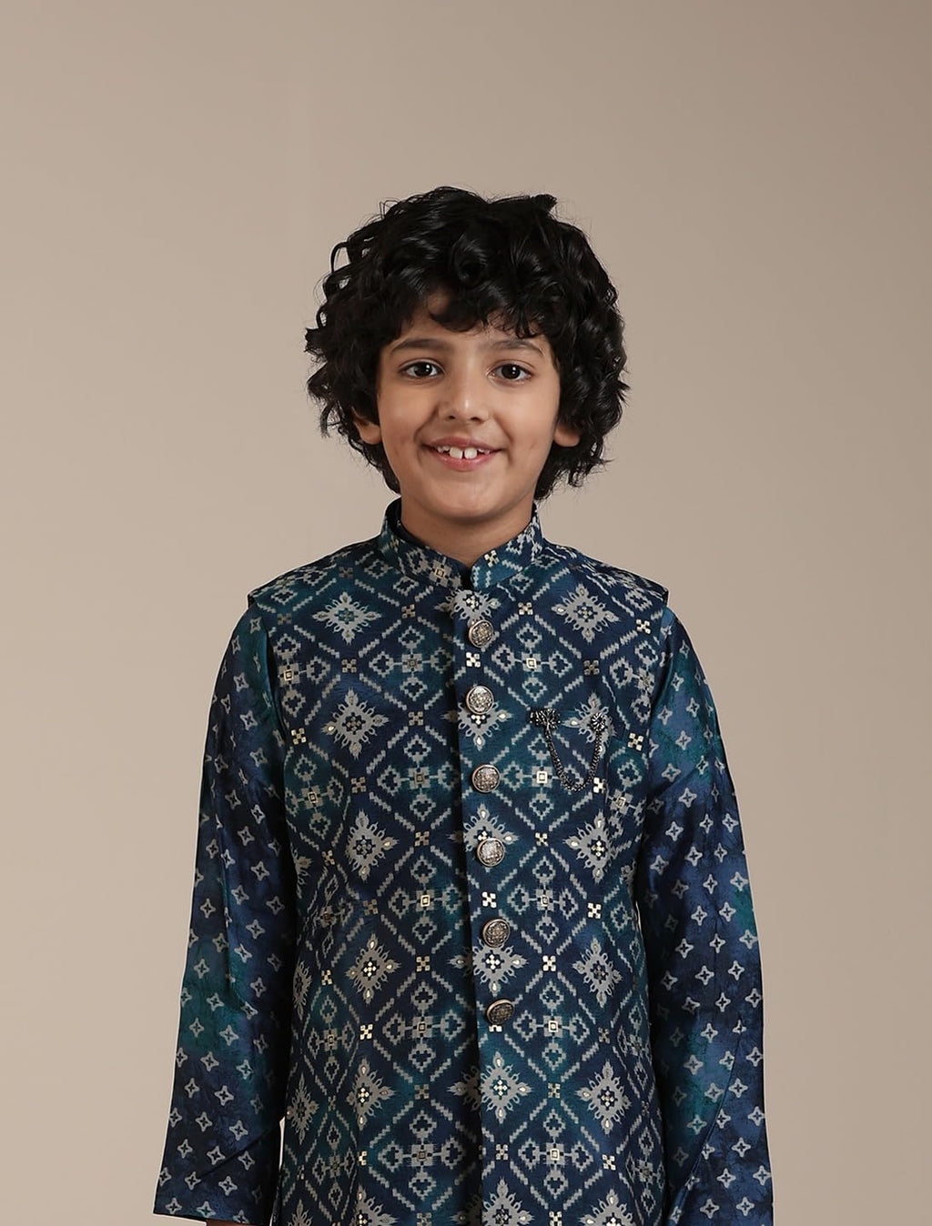 Manyavar Teal Blue Blended Viscose Foil Print Kurta Jacket Pyjama Set for Child
