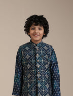 Manyavar Teal Blue Blended Viscose Foil Print Kurta Jacket Pyjama Set for Child
