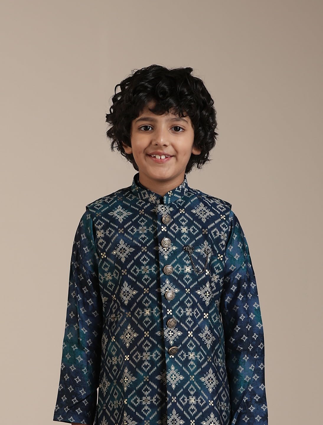 Manyavar Teal Blue Blended Viscose Foil Print Kurta Jacket Pyjama Set for Child