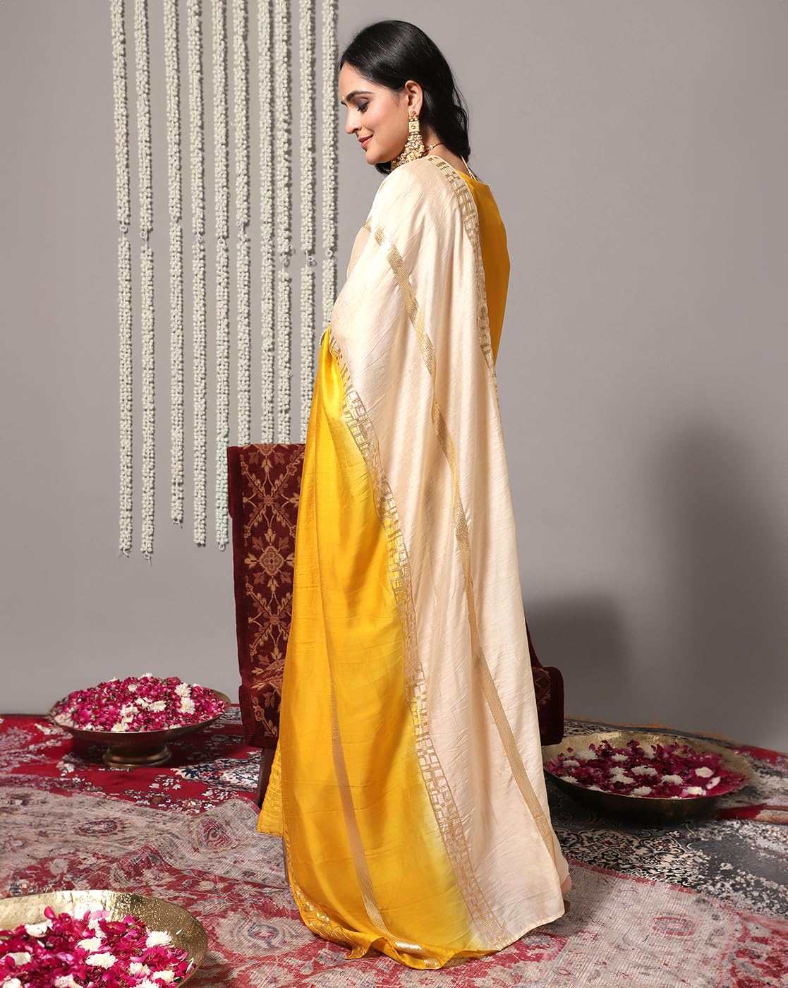 Varanga Women Yellow Sequins Embellished Kurta Paired With Contrast Sharara And Ombre Dupatta