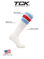 TCK Retro 3 Stripe Tube Socks (Columbia Blue/Scarlet, Large)