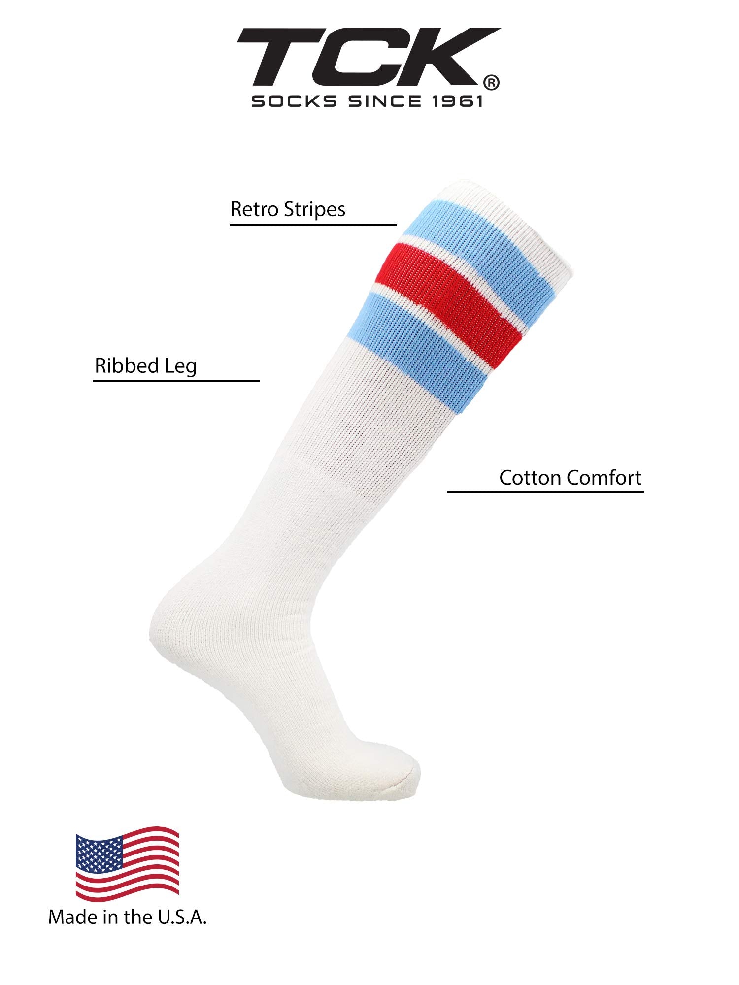 TCK Retro 3 Stripe Tube Socks (Columbia Blue/Scarlet, Large)