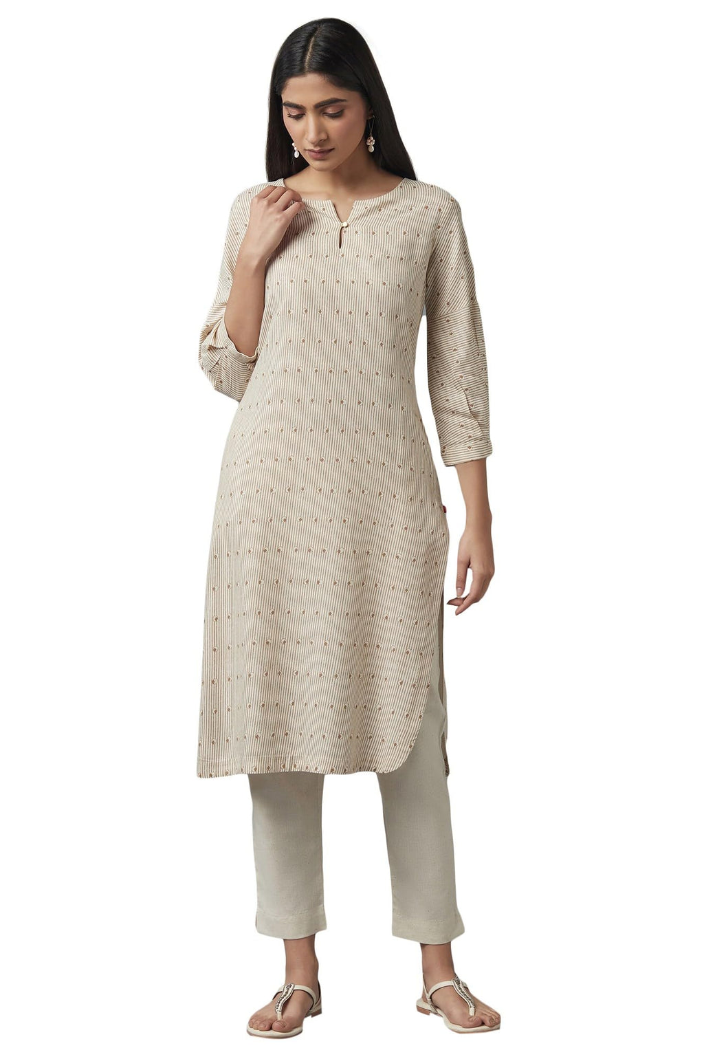 W For Woman Beige Stripe Print Kurta (Size: 2Xl)-23Auw17274-116735