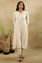 Folksong By W Women White Festive Solid Cotton Flared Kurta