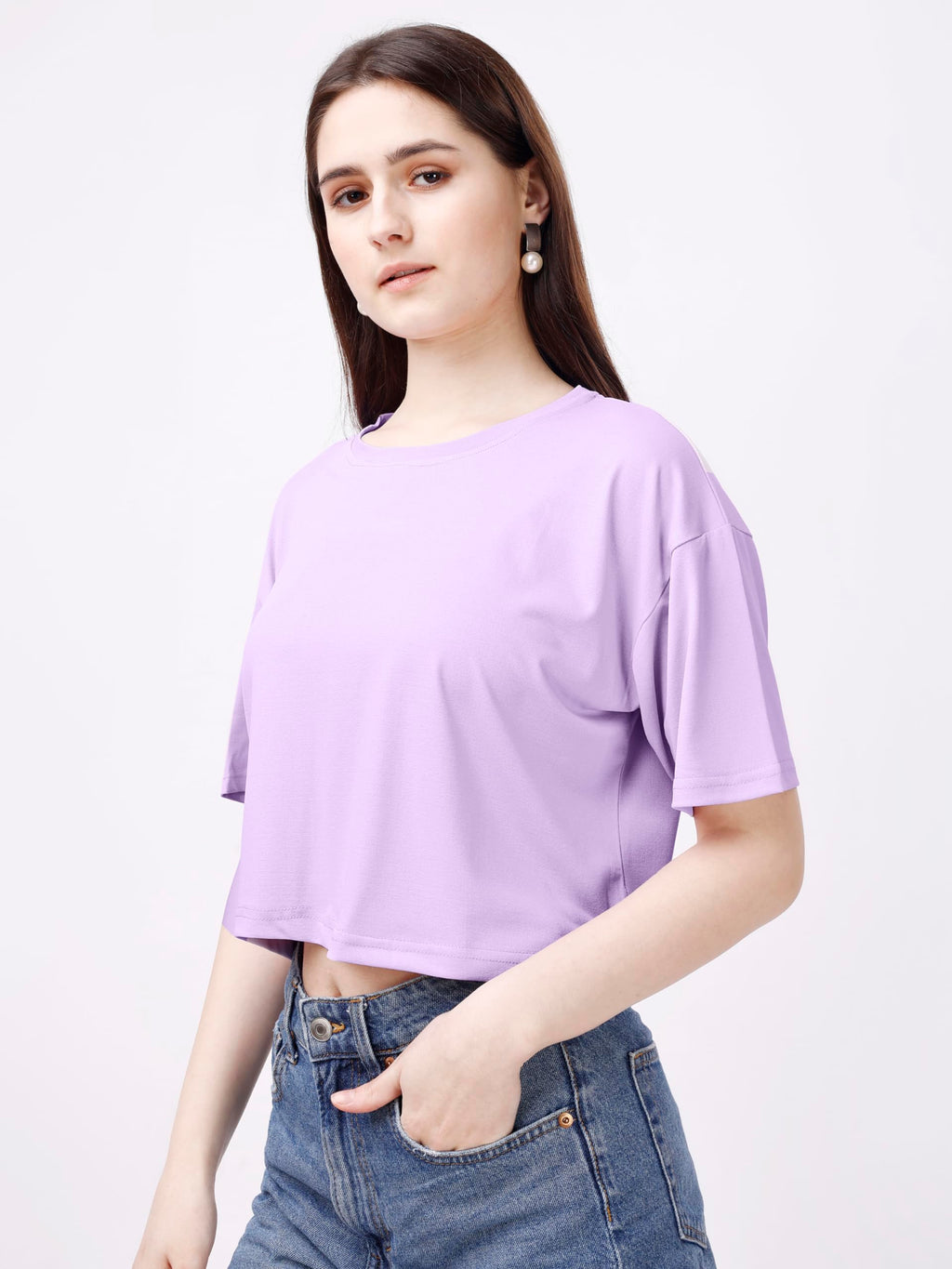 ELLITI Soft Rich Cotton Lavender/Purple Half Sleeve | Round Neck | Oversized/Loose Fit | Down Solder | Plain/Soild Crop Top for
