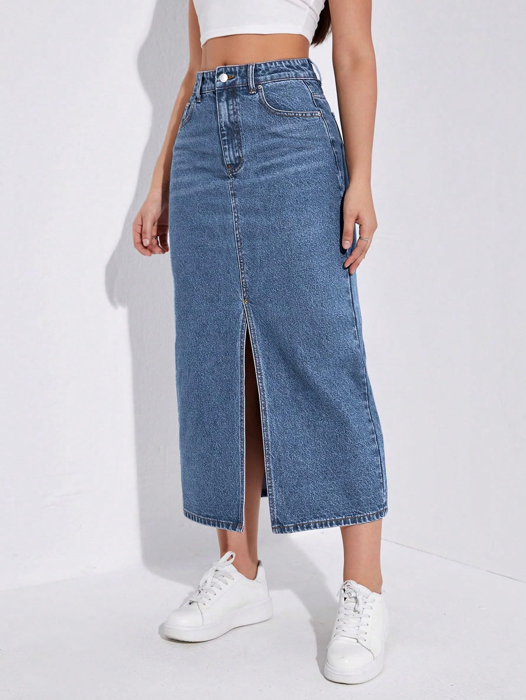 Shasmi Womens Spring/Summer Casual Front Split Thigh Straight Denim Skirt ll Denim Skirt for Women Long ll Skirt & top for Wome