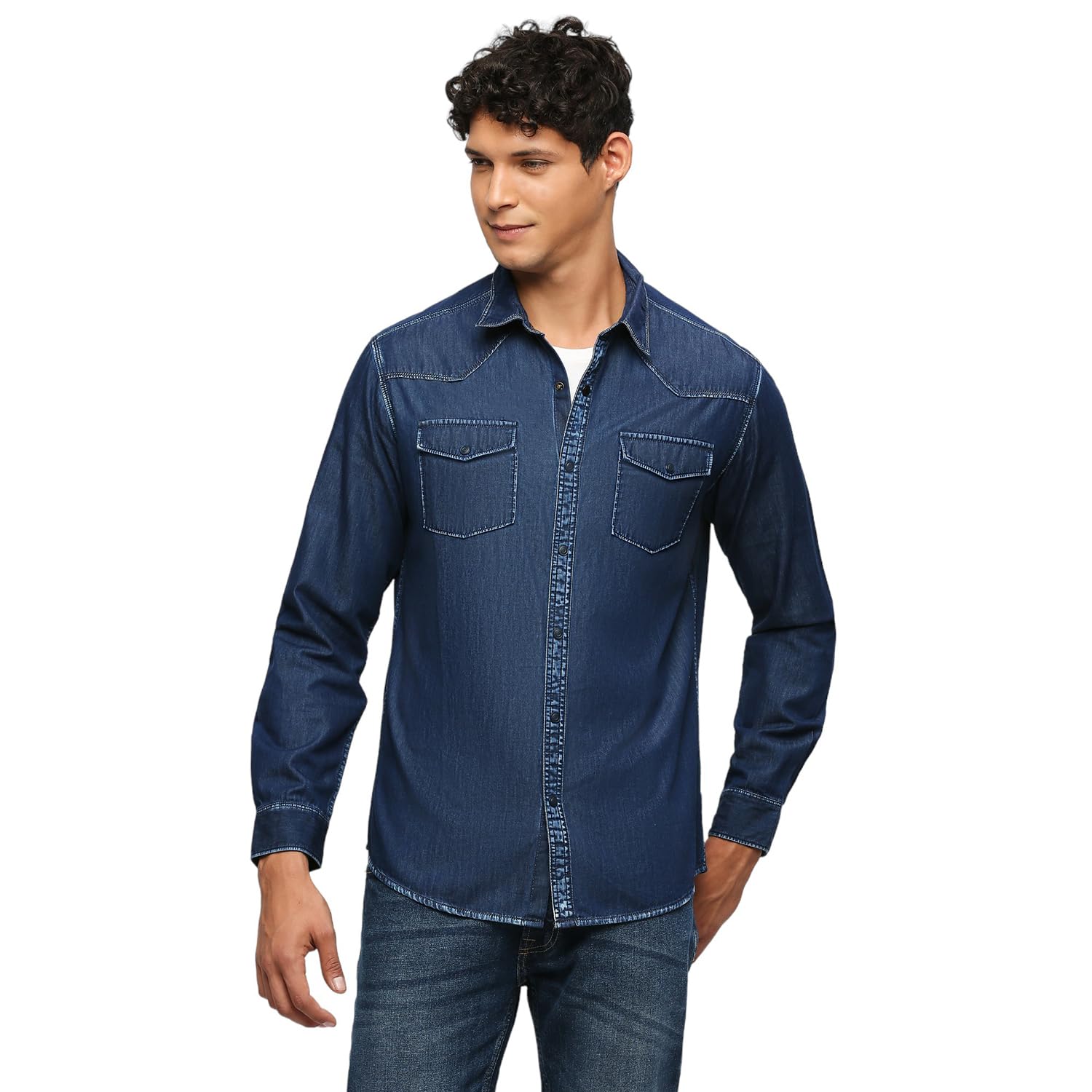 Pepe Jeans Men Cotton Solid Regular Fit Shirt (Pm308345Ca0_Dark Wash_Mid Indigo Blue, Xl