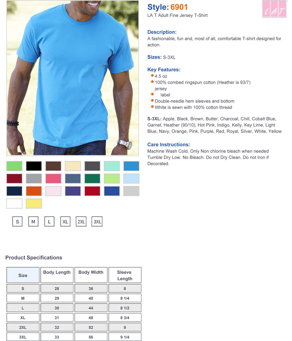 LAT Mens Fine Jersey Short Sleeve Tee (6901), Indigo, Medium
