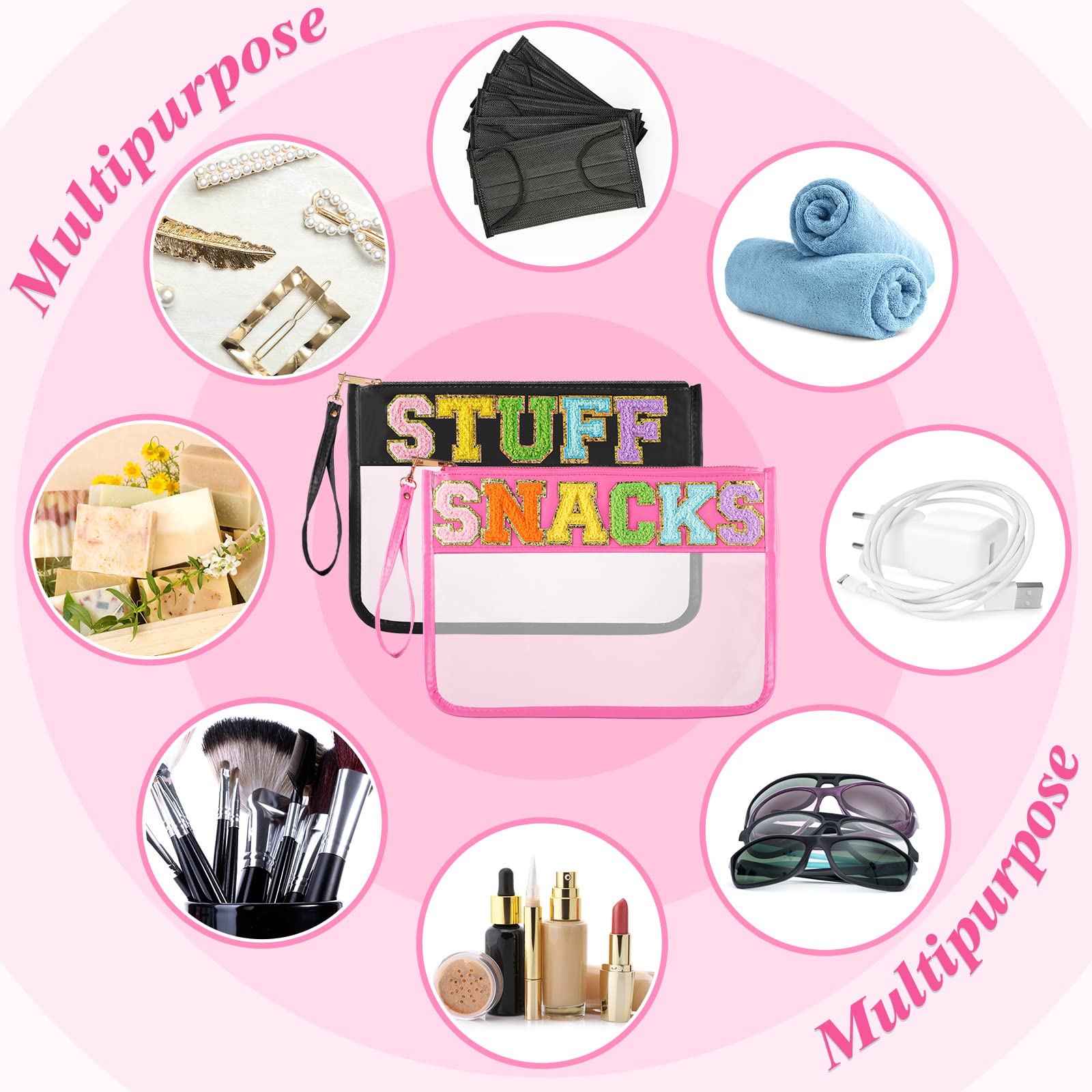 2 Pcs Chenille Letter Clear Zipper Pouch Clear Cosmetic Bag Clear Purse Clear Makeup Letter Bag Stadium Purse Bag Transparent Tr