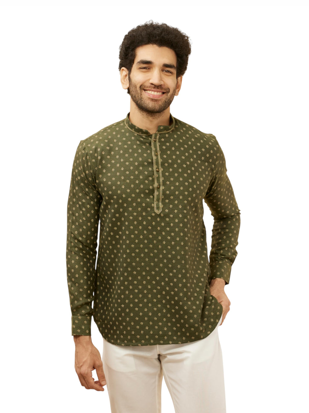 Manyavar Mens Green Blended Viscose Printed Short Kurtas