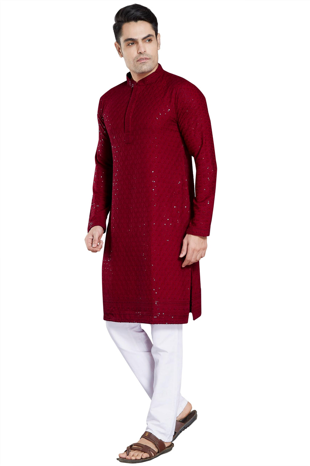 DIVISIVE Mens Sequince Embroidered Cotton Blend Only Kurta (DKRT2_XL_Maroon)