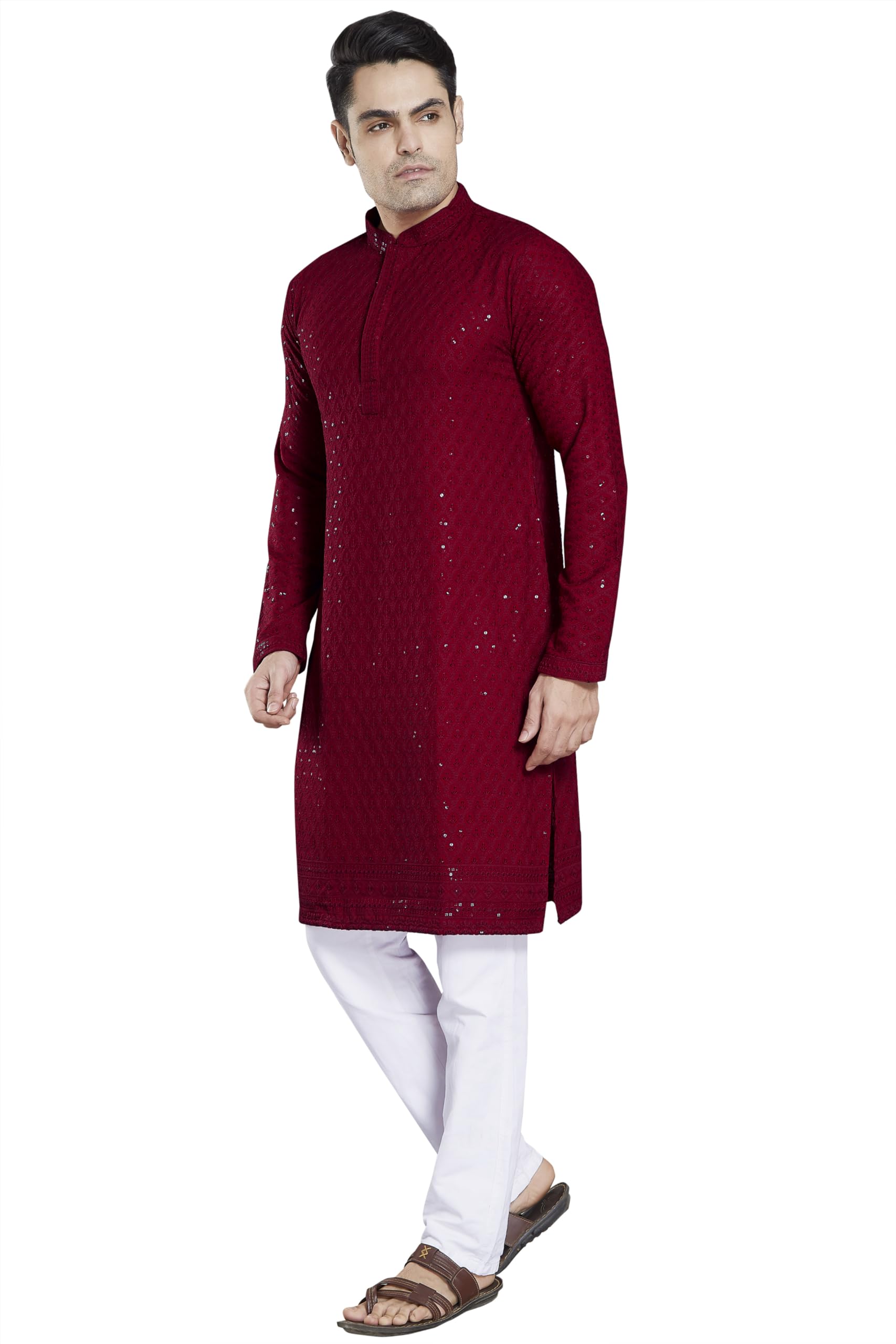 DIVISIVE Mens Sequince Embroidered Cotton Blend Only Kurta (DKRT2_XL_Maroon)