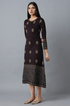W For Woman Women'S Acrylic Dark Purple Embroidered Winter Dress Below The Knee