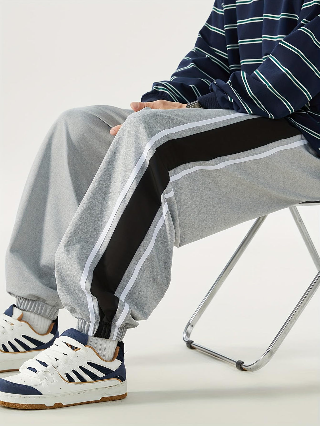 Shasmi Light Grey Side Striped Pants Men Oversized Baggy Wide Leg Trousers Elastic Waist Streetwear Joggers Men Track Pant for M