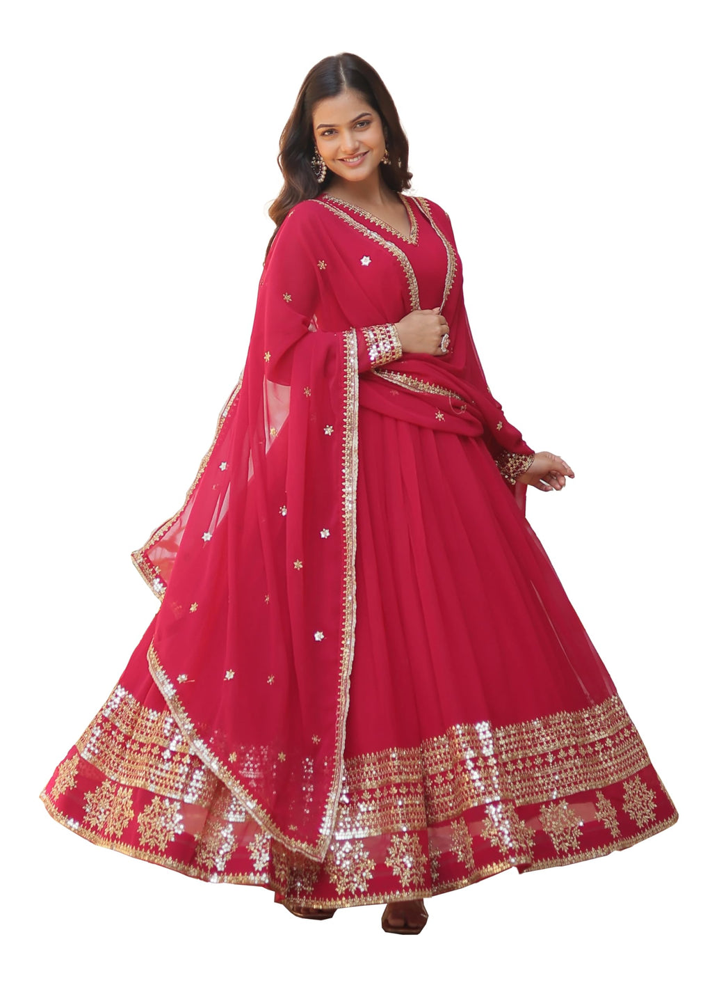 Fashion Basket Womens Multi Georgette Anarkali kurta set with Duptta For Women (Pink, L)