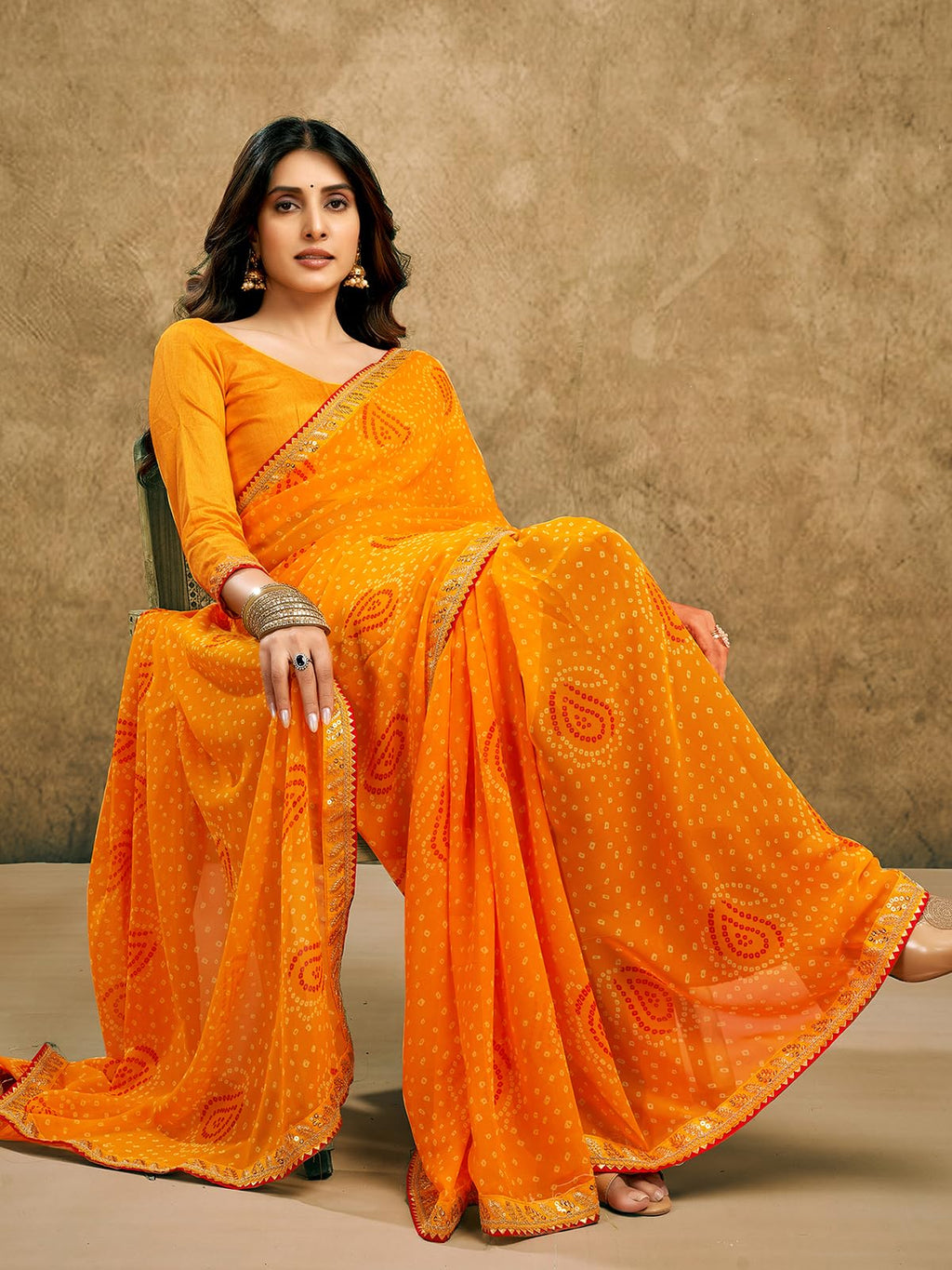 Satrani Womens Georgette Bandhani Printed Saree with Unstitched Blouse Piece