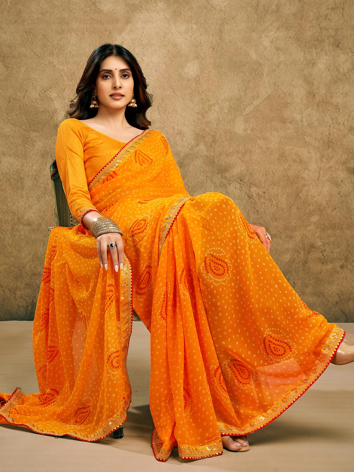 Satrani Womens Georgette Bandhani Printed Saree with Unstitched Blouse Piece