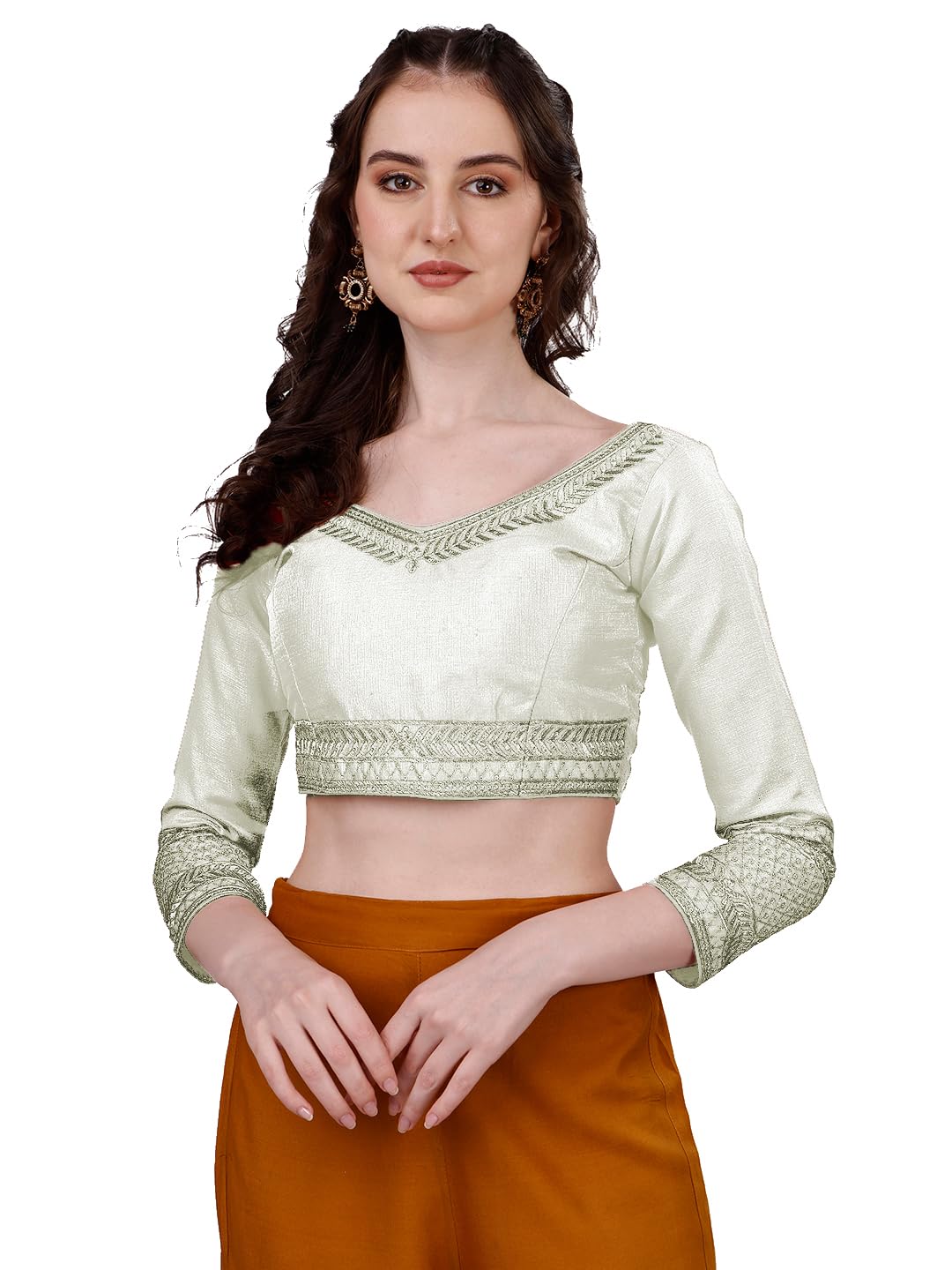 Pujia Mills Womens Milan Silk Heavy Embroidery with Sequins Worked Full Sleeve Fancy Saree Blouse White(Charlie White)