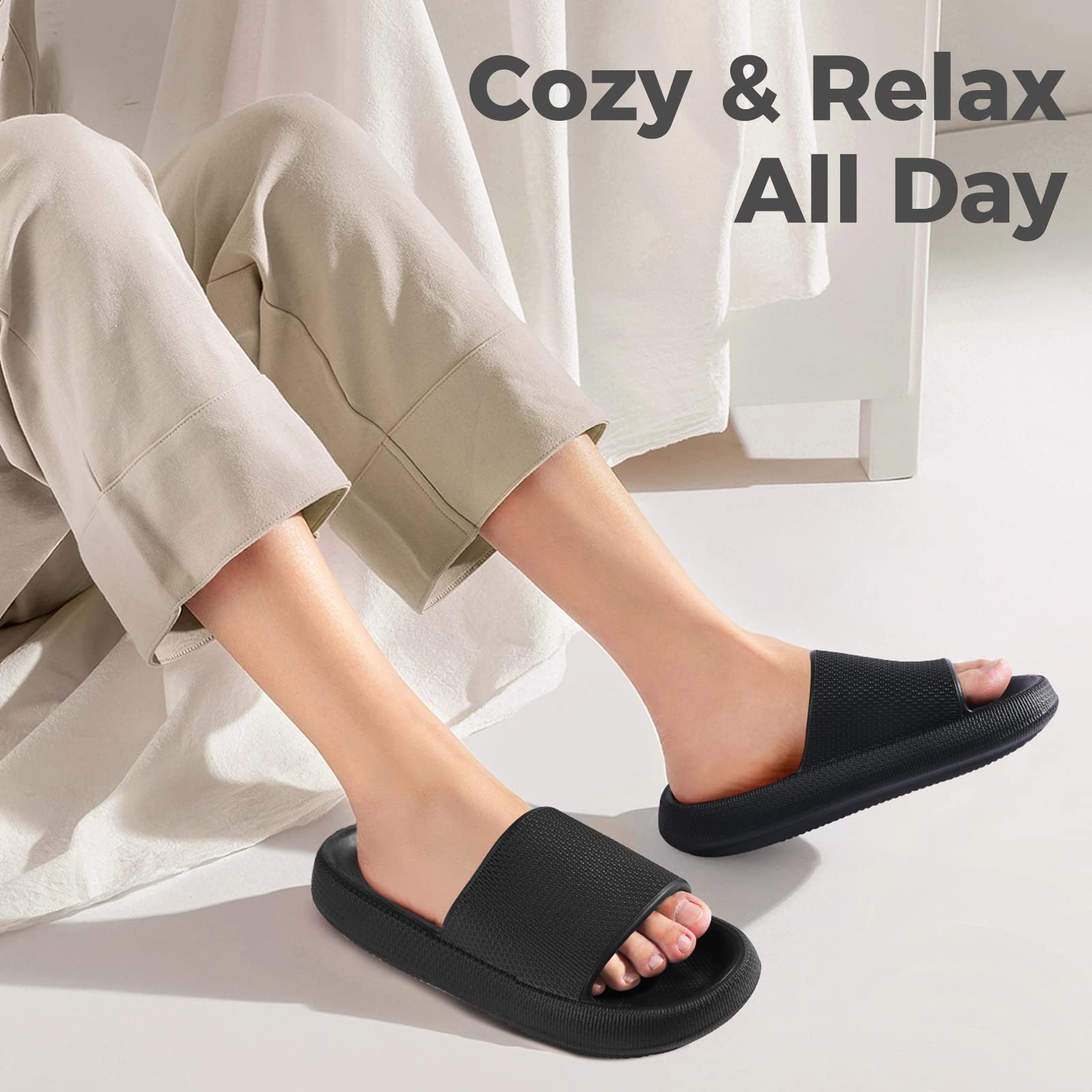 Black Cloud Slippers for Women and Men -Leevar Massage Shower Bathroom Non-Slip Open Toe Cloud Slide Soft Comfy Thick Sole Cloud