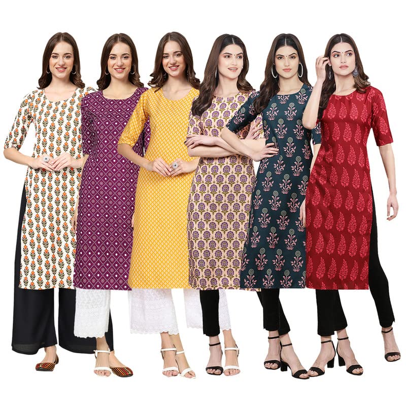 Pinkmint Womens Crepe Digital Print Straight Kurta [Pack of 6](QV-352-355-350-332-335-337-XL)