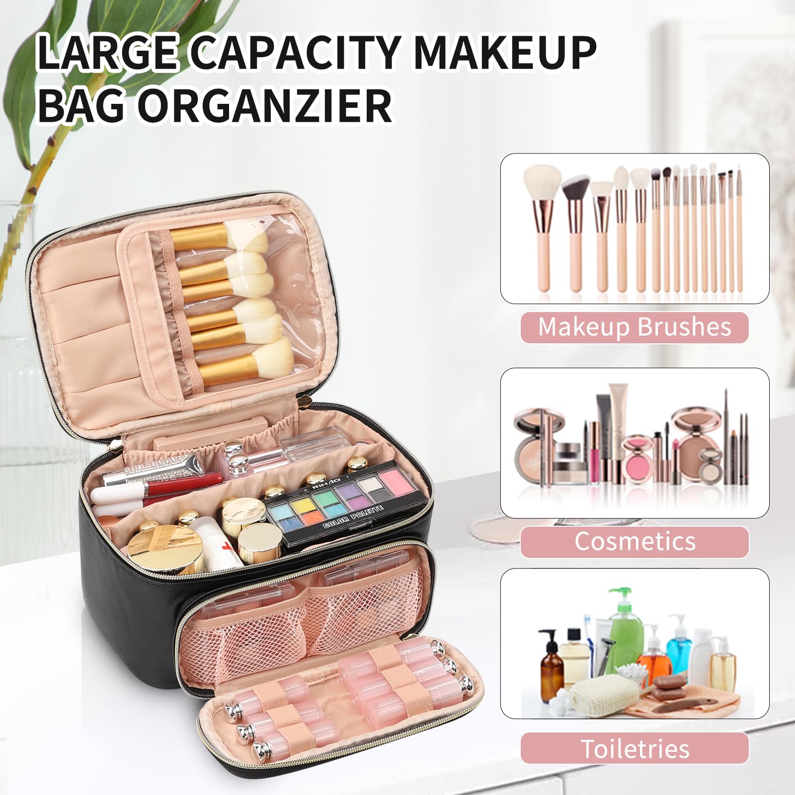 OCHEAL Makeup Bag, Multifunctional Make Up Bags with Zipper Pouch Large Compact Makeup Bag Organizer for Women Girls Cosmetics T