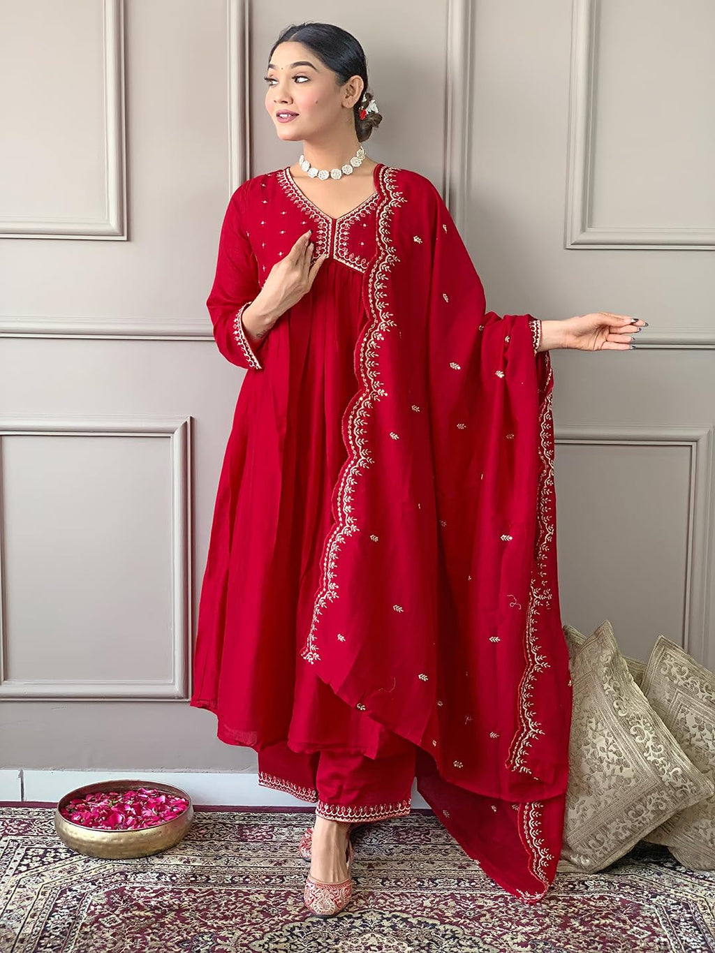 Naixa WomenS Vichitra Silk Embroidered A-Line Kurta With Pant And Dupatta Sets For Wedding Party And Festival Wear (Nx3_443-Red