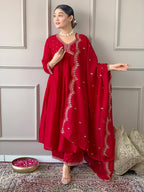 Naixa WomenS Vichitra Silk Embroidered A-Line Kurta With Pant And Dupatta Sets For Wedding Party And Festival Wear (Nx3_443-Red