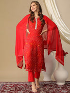 ANNI DESIGNER Ladies Cotton Blend Kurta with Trousers and Dupatta, red, XXL