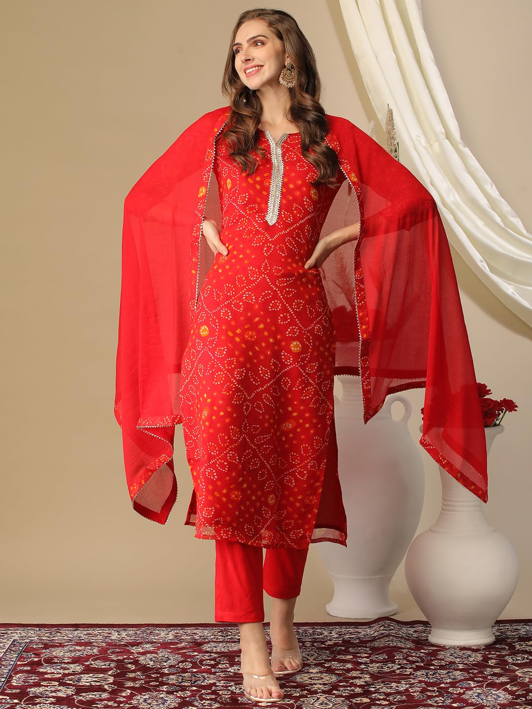 ANNI DESIGNER Ladies Cotton Blend Kurta with Trousers and Dupatta, red, XXL