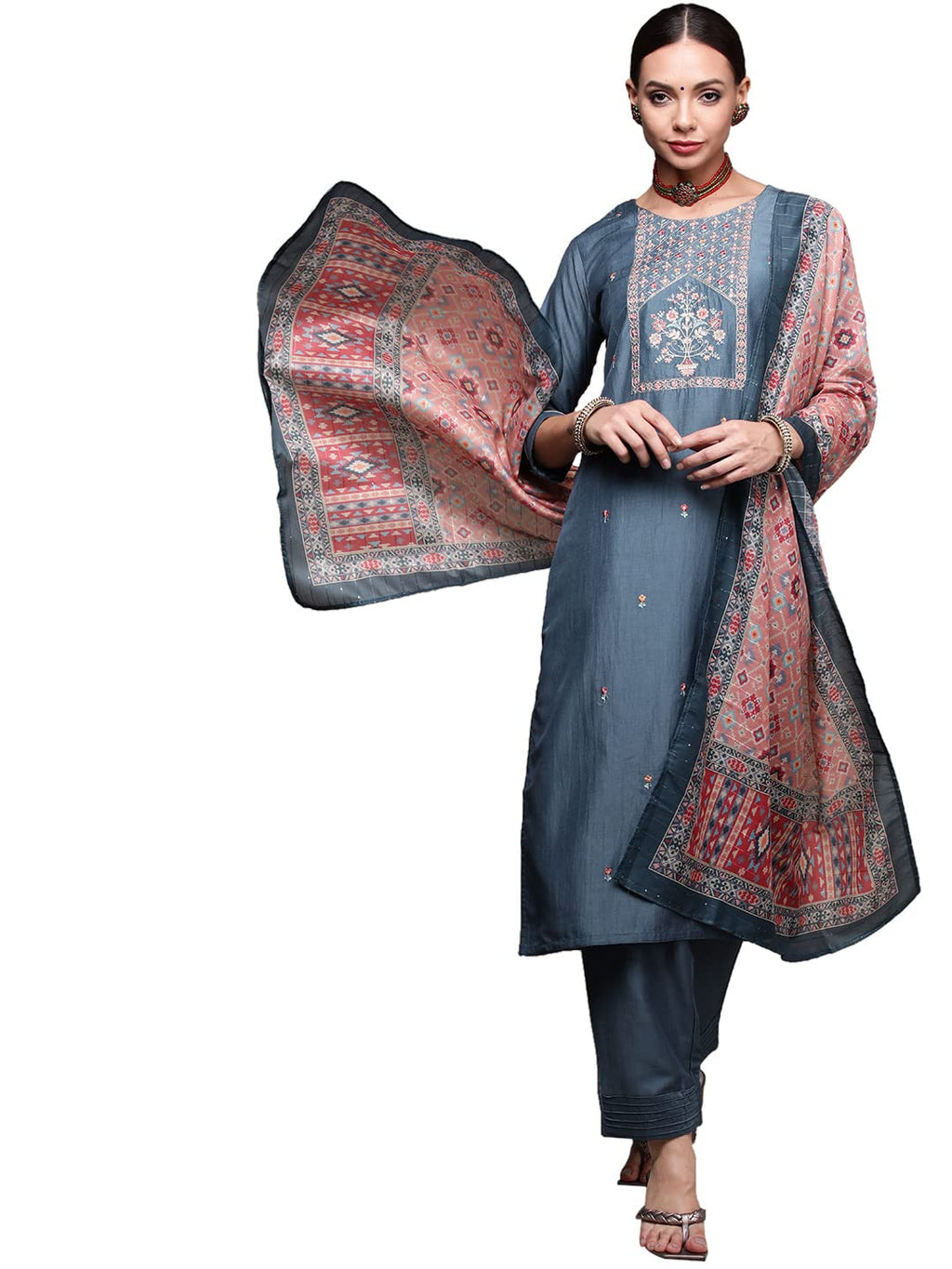 Anubhutee Women'S Silk Blue Floral Embroidered Straight Kurta Suit Set With Pants And Dupatta