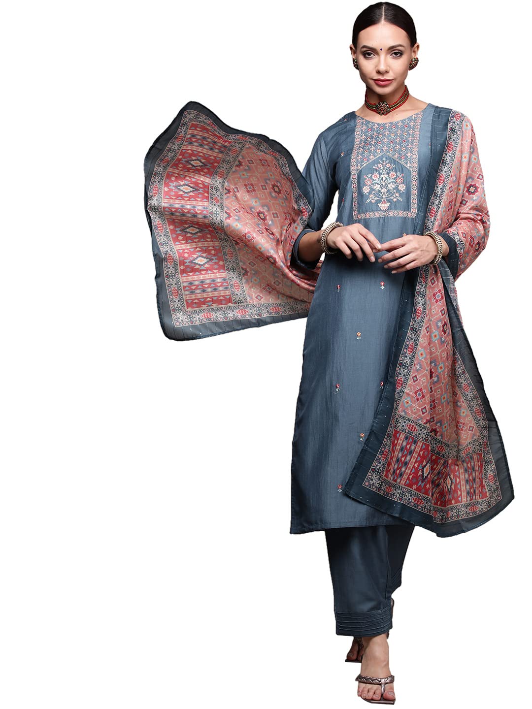 Anubhutee Women'S Silk Blue Floral Embroidered Straight Kurta Suit Set With Pants And Dupatta