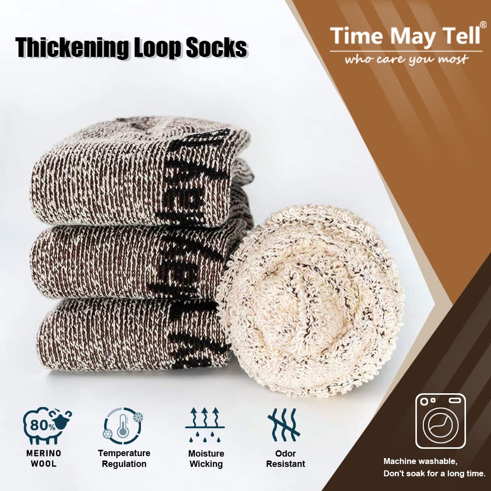 Time May Tell Mens Merino Wool Hiking Cushion Socks Thermal Warm Crew Winter Boot Socks Pack (2Brown,Light Grey,Dark Grey(4 pair