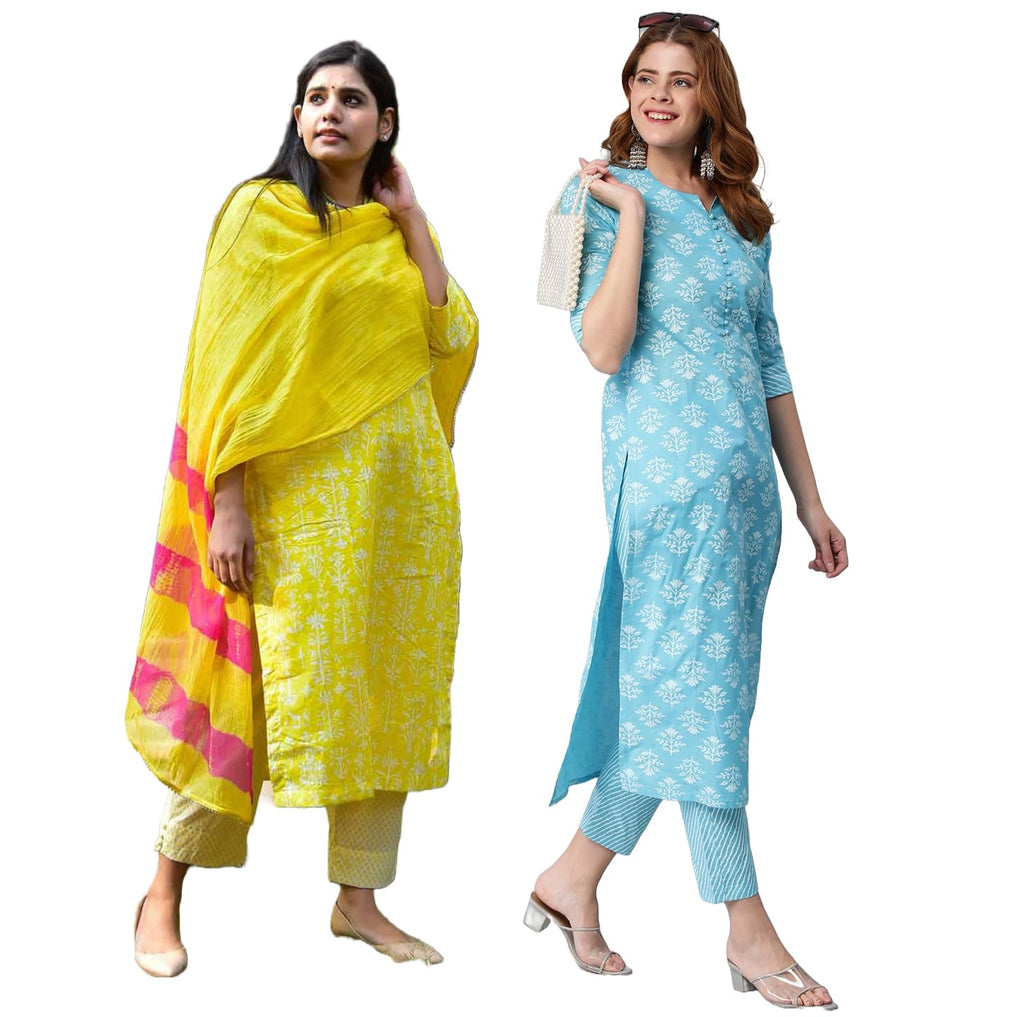 ANNI DESIGNER Women's Cotton Blend Printed Straight 3 Pack of Combo (2 Set) (Cmb-Lcky-431_Multicolor_Small)