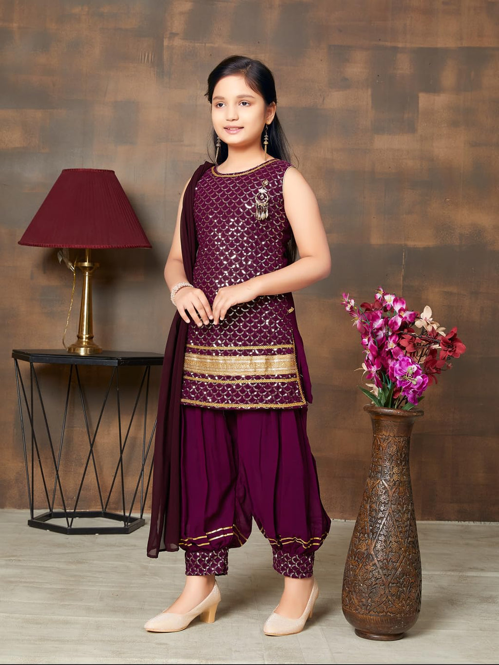 Aarika Girls Ethnic Wear Purple Colour Sequin Embroidery Lace Work Georgette Kurti Patiala Set (10-15 Years)