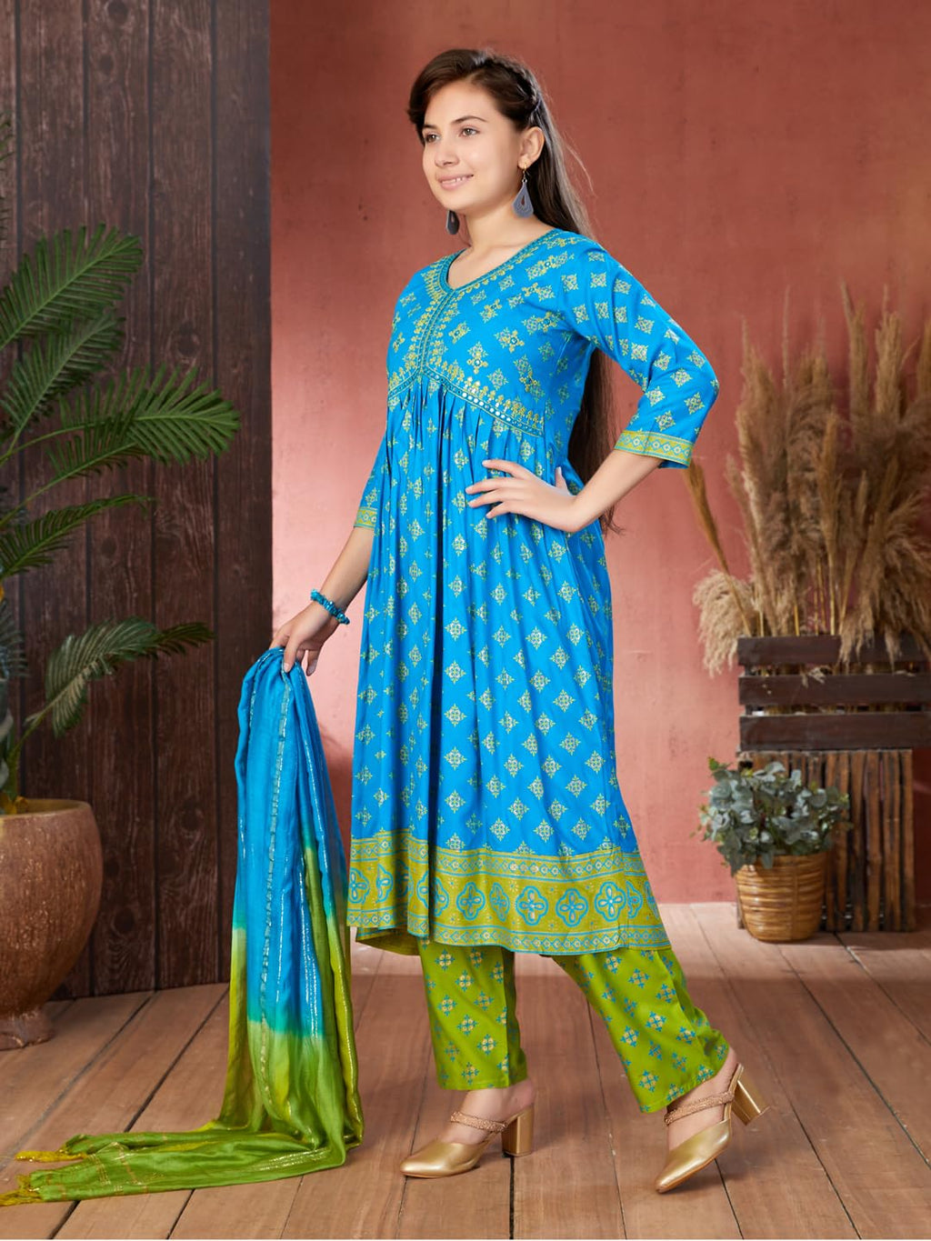 Aarika Girls Ethnic Wear Blue Colour Foil Print Mirror Embroidery Rayon Kurti (9-16 Years)