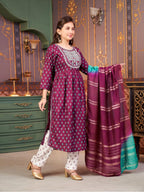 Aarika Girls Ethnic Wear Purple-White Colour Floral Print Rayon Kurti Pant Set-8-15 Years (Kp-Sd-5869)